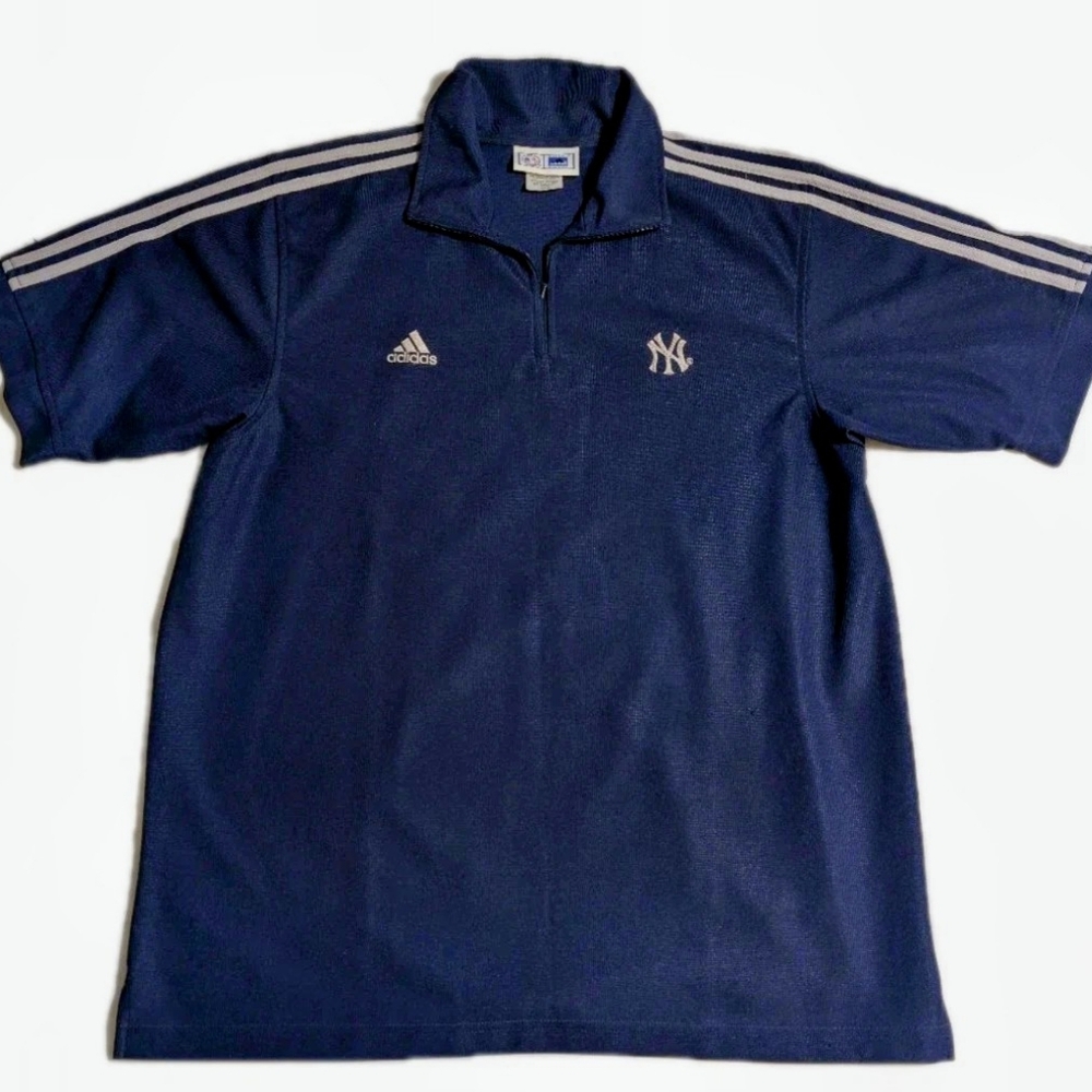 Adidas New York Yankees Quarter Zip Polo Shirt Men’s L Blue MLB Silver Stripes - Picture 8 of 8